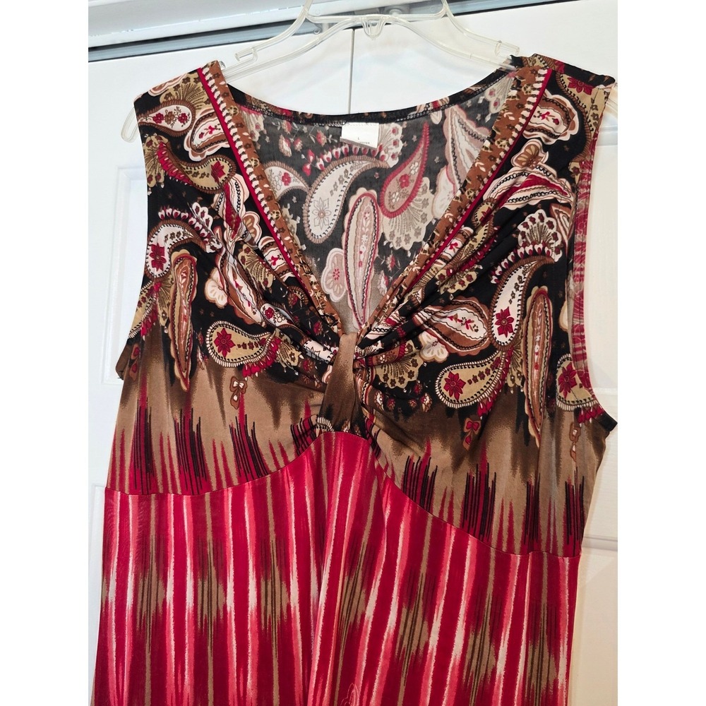 Red Paisley Ikat Print Sleeveless V-Neck Knot Front Maxi Dress Large - Picture 8 of 11